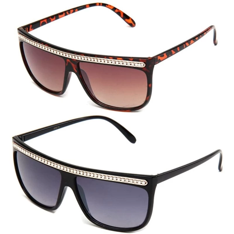 Wayfarer Women Retro Fashion Square Flat Top Sunglasses with Rhinestones - 2 Pack Black & Tortoise - CI1833LTQEY $27.96