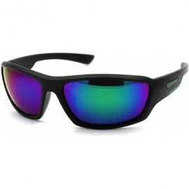 Sport Mens Matte Black Sport Warp Around Plastic Sunglasses - Matte Black Green Mirror - CM18UWWZ6SQ $19.40