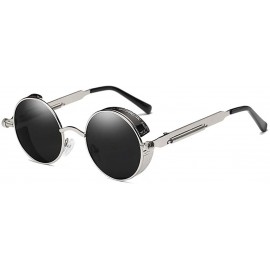 Round Polarized Sunglasses Retro Punk Glasses Vampire too glasses - Silver Border Black Lenses - CN18888AGOL $29.44