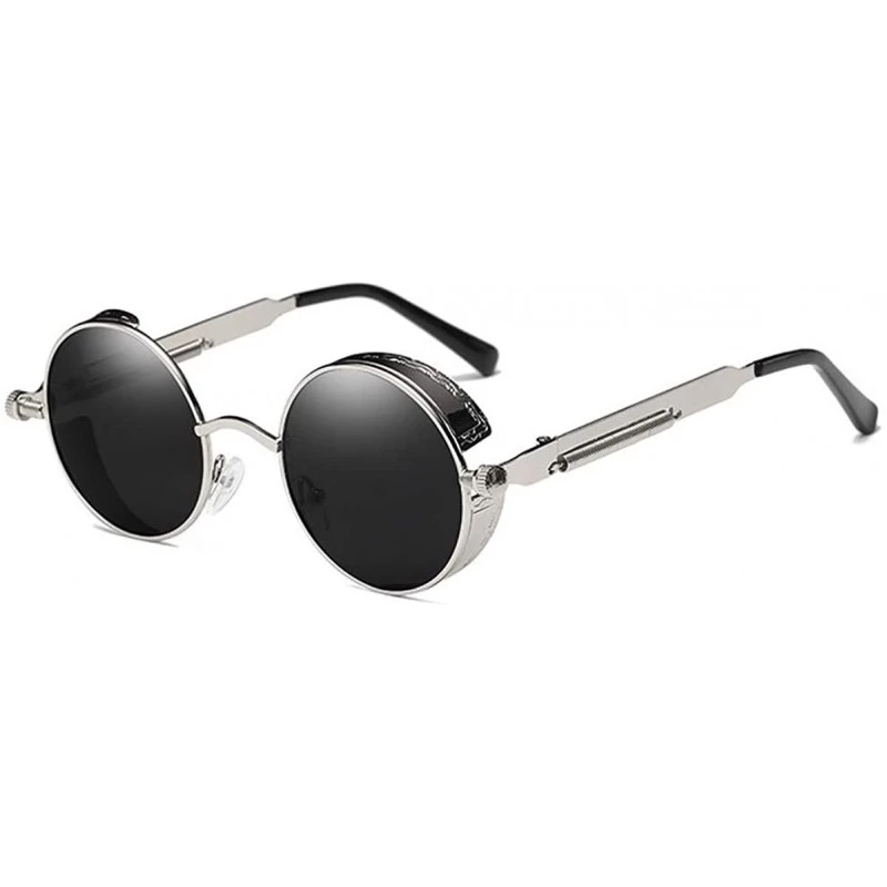 Round Polarized Sunglasses Retro Punk Glasses Vampire too glasses - Silver Border Black Lenses - CN18888AGOL $29.44