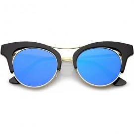 Cat Eye Women's Oversize Cutout Brow Bar Mirror Round Flat Lens Cat Eye Sunglasses 51mm - Black-gold / Blue Mirror - CQ17YHOS...