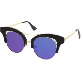Cat Eye Women's Oversize Cutout Brow Bar Mirror Round Flat Lens Cat Eye Sunglasses 51mm - Black-gold / Blue Mirror - CQ17YHOS...