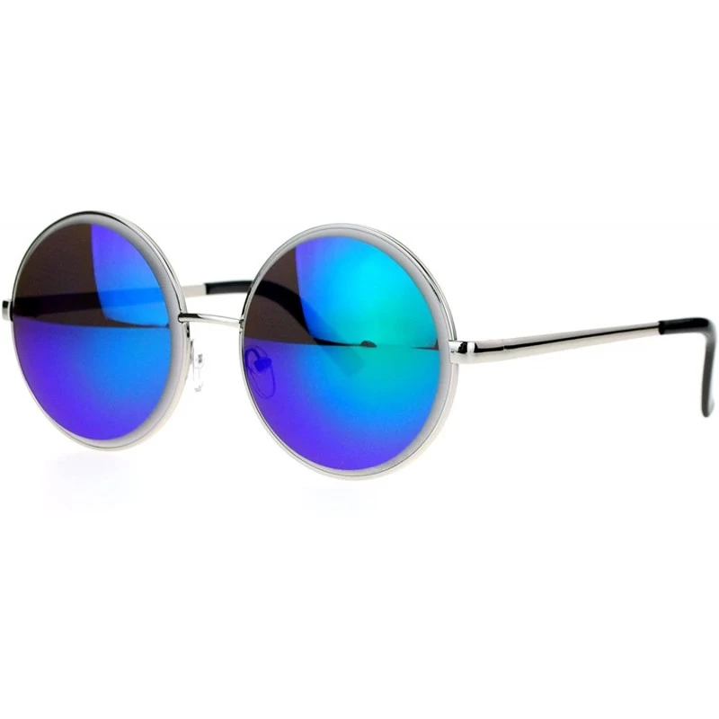 Round Beveled Thick Circle Lens Round Color Mirror Mirrored Lens Sunglasses - Silver Green - CM121PFRCLF $8.62