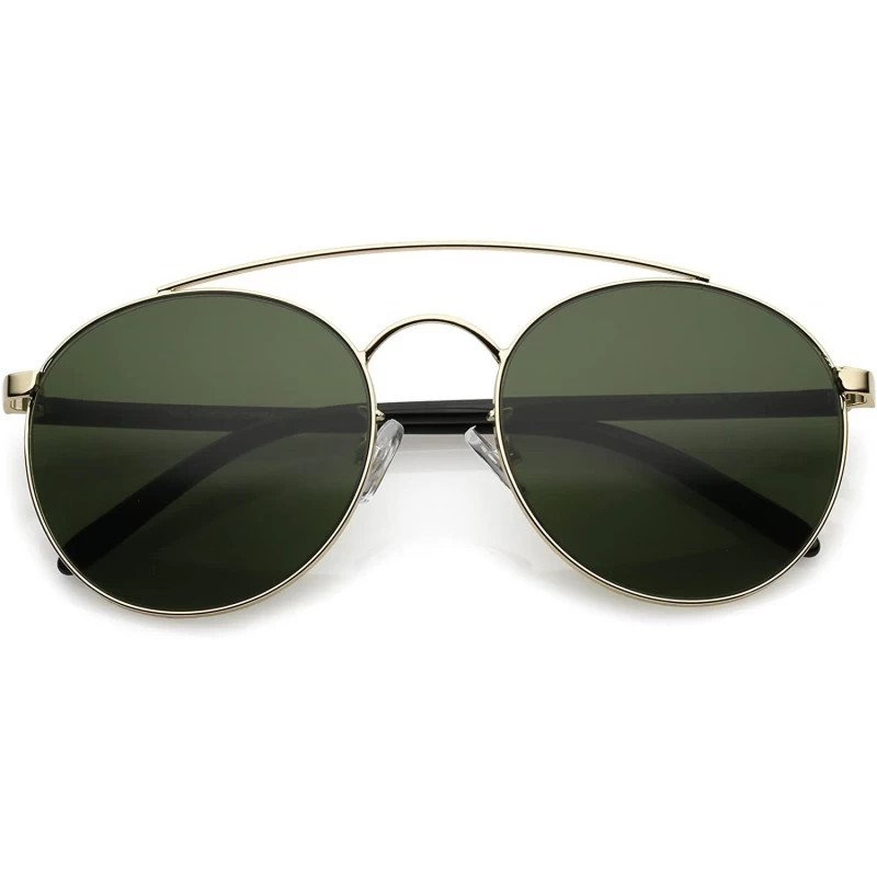 Round Modern Curved Double Crossbar Thick Arms Round Aviator Sunglasses 56mm - Gold / Green - CZ184WZCTET $21.66