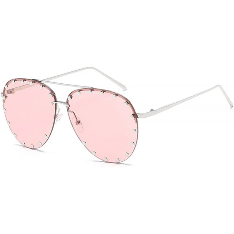 Oval Male and female half frame fashion sunglasses retro rivet sunglasses - Pink - C018EWULQ4I $8.59
