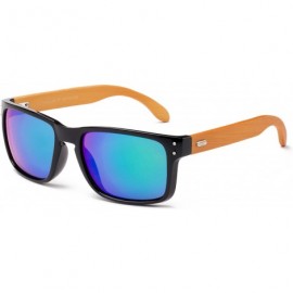 Round "Camarillo Flash" Squared Design Fashion Real Bamboo Sunglasses with Flash Lenses - C212M1OCWIR $26.51