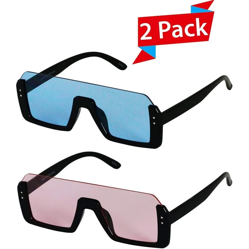 Rectangular Retro Shield Rectangular Lens Upside Down Half Rim Sunglasses for Women and Men - Black/Blue and Black/Pink - C71...