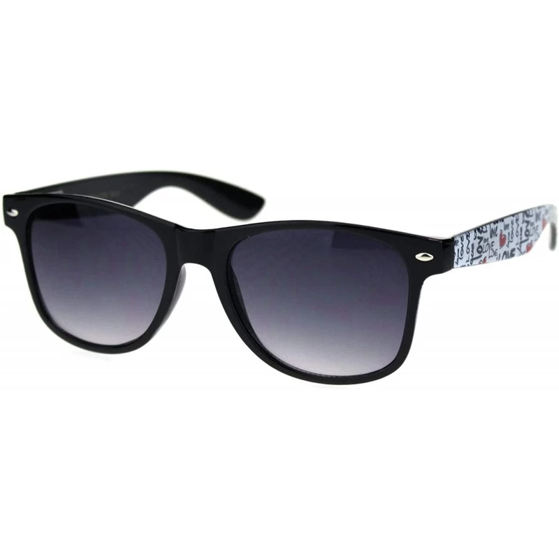 Rectangular Love Heart Print Arm Hipster Black Horn Rim Sunglasses - Shiny Black White Arm - CE18RQY53HC $12.18