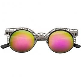 Cat Eye Women's Fashion Metal Cut Hollow Out Frame Round Cat Eye Sunglasses - Gunmetal - Fire Mirror - CL12JEAISER $7.33