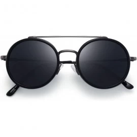 Round Retro Round Steampunk Sunglasses for Women Men Circle Lens Metal Frame - Shiny Black Frame / Grey Lens - CS18ONZQZ8Q $1...