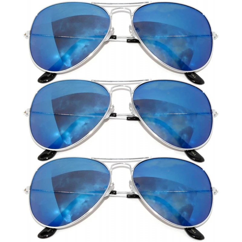 Aviator Classic Aviator Sunglasses Full Mirror Lens Blue Color Metal Silver Color Frame 3 Pack - CZ11MPTIG3J $10.55