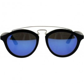 Round Retro Keyhole Flat Top Double Metal Bridge Round Horn Sunglasses - Black Blue - CB18EYD2TKS $19.82