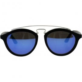 Round Retro Keyhole Flat Top Double Metal Bridge Round Horn Sunglasses - Black Blue - CB18EYD2TKS $7.49