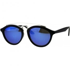 Round Retro Keyhole Flat Top Double Metal Bridge Round Horn Sunglasses - Black Blue - CB18EYD2TKS $17.89