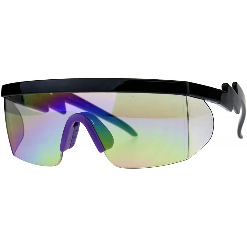 Semi-rimless Flat Top Crooked Bolt Arm Goggle Style Color Mirror Shield 80s Sunglasses - Black Purple - CT18DSU4OA5 $12.02