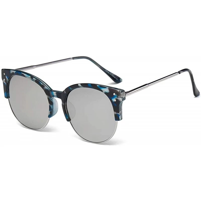 Aviator Women's Retro Fashion Designer Half Frame Round Cateye Sunglasses - Silver/Blue Tortoise - CW18RAZCUEL $16.37