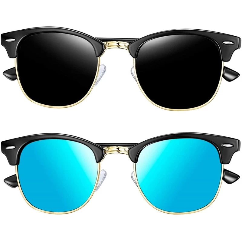 Round Semi-Rimless Sunglasses for Women Men - Horn Rimmed Half Frame Sunglasses Polarized - 2 Pack (Black+blue) - CB18X7LQC8S...