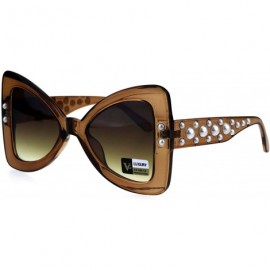 Oversized Womens Pearl Jewel Thick Plastic Butterfly Designer Fashion Sunglasses - Brown - CP18GLACIQH $25.11