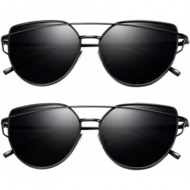 Oversized Cateye Sunglasses for Women - Metal Frame Flat Lens Womens Sunglasses Polarized - 2 Pack (Black+black) - C118Y2HN8L...