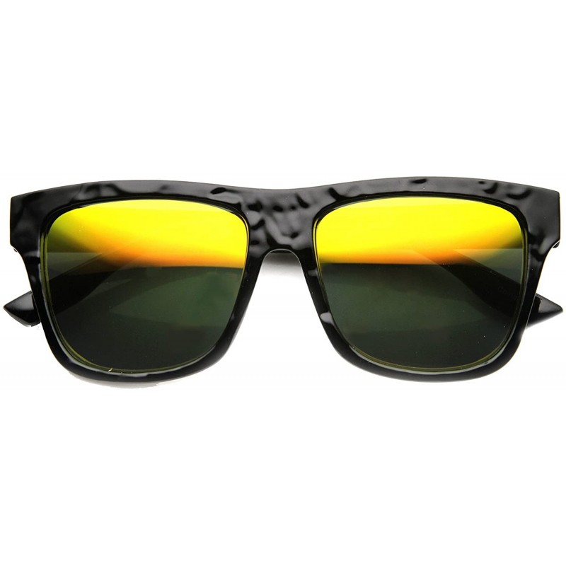 Rectangular Classic Rectangular Flat Top Wrinkle Textured Flash Mirror Horn Rimmed Sunglasses 54mm - Shiny-black / Fire - C01...