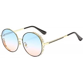 Goggle Fashion Round Pearl Decor Sunglasses UV Protection Metal Frame - Blue&pink Lens-e - CJ18U0EE5ZR $27.88