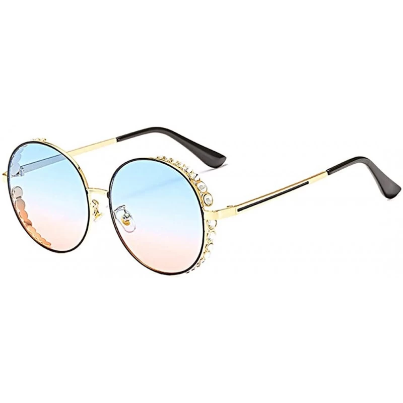 Goggle Fashion Round Pearl Decor Sunglasses UV Protection Metal Frame - Blue&pink Lens-e - CJ18U0EE5ZR $18.46