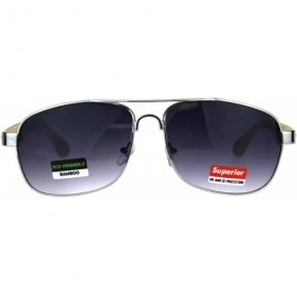 Rectangular Mens Rectangular Metal Pilots Officer Bamboo Wood Arm Sunglasses - Silver Dark Wood - CM180ANKXAE $16.89