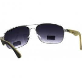 Rectangular Mens Rectangular Metal Pilots Officer Bamboo Wood Arm Sunglasses - Silver Dark Wood - CM180ANKXAE $16.89