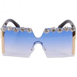 Shield Rhinestone Oversize Shield Visor Sunglasses Flat Top Mirrored Mono Lens - Blue/Diamond - CW1986UH0EO $15.47