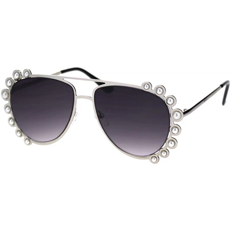 Aviator Pearl Studded Aviator Sunglasses Womens Fashion Shades UV 400 - Silver (Smoke) - CR18TQ085NS $11.76