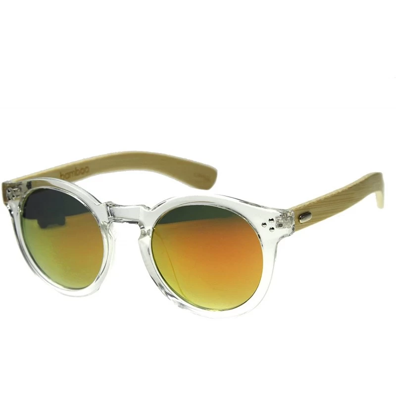 Round Eco-Friendly Genuine Bamboo Flash Mirror Horn Rimmed Round Sunglasses - Clear / Fire - CJ122XJAJN9 $12.57