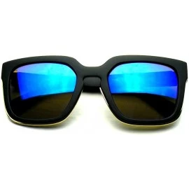 Square Horned Rim Hipster Flash Mirror Thick Keyhole Sunglasses - Blue Mirror - CX126WQG461 $10.60