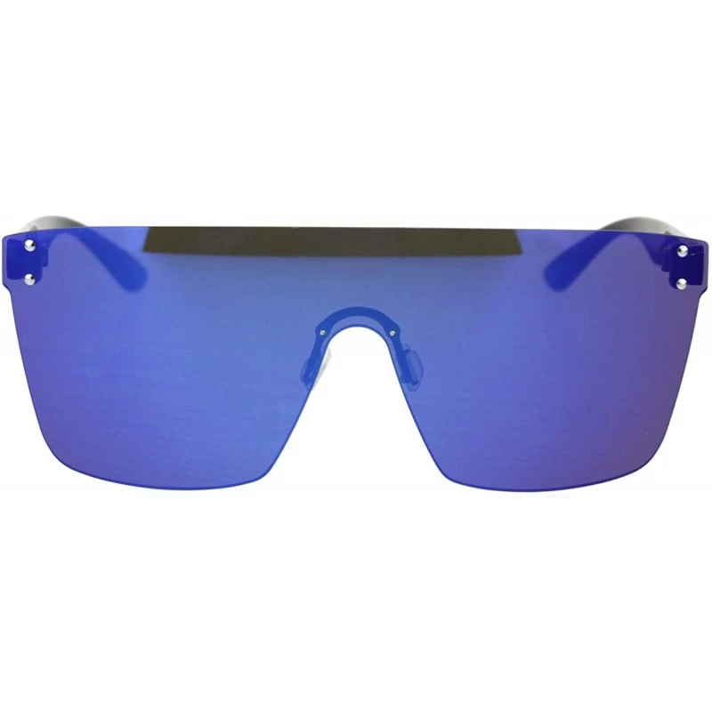 Rimless Oversize Panel Shield Robotic Flat Top Retro Sunglasses - Black Blue Mirror - CJ18RZ58RU3 $22.30