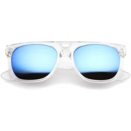Aviator Modern Super Flat-Top Wide Temple Horn Rimmed Sunglasses 55mm - Shiny Clear / Blue Mirror - C112MY1V47T $9.19