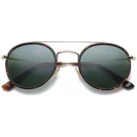 Round Small Round Double Bridge Sunglasses For Women Men Polarized 100% UV Protection - Gold Leopard Frame/Green Lens - C218O...