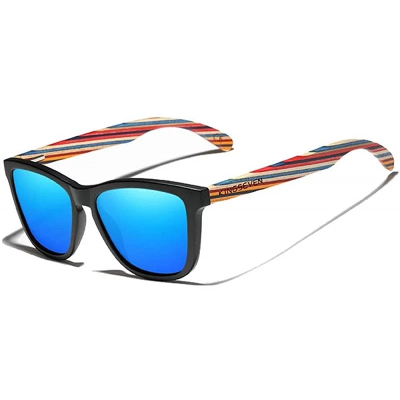 Rectangular Genuine handmade colored bamboo sunglasses square men polarized UV400 - Multicolor/Blue - C4198QN6KOL $23.92