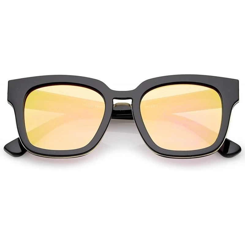 Wayfarer Modern Metal Trim Bridge Square Mirror Flat Lens Horn Rimmed Sunglasses 50mm - Black-gold / Pink Mirror - CG12NAJIKK...