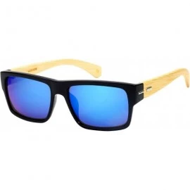 Square Wooden Bamboo Retro Square Sunglasses Mirrored Lens 540894BM-REV - Black/Blue-white Mirrrored Lens - CZ12O6EBX3A $10.58