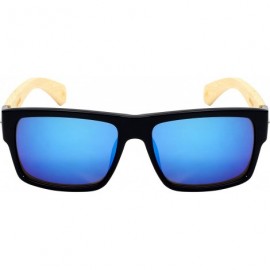 Square Wooden Bamboo Retro Square Sunglasses Mirrored Lens 540894BM-REV - Black/Blue-white Mirrrored Lens - CZ12O6EBX3A $10.58