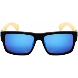 Square Wooden Bamboo Retro Square Sunglasses Mirrored Lens 540894BM-REV - Black/Blue-white Mirrrored Lens - CZ12O6EBX3A $10.58