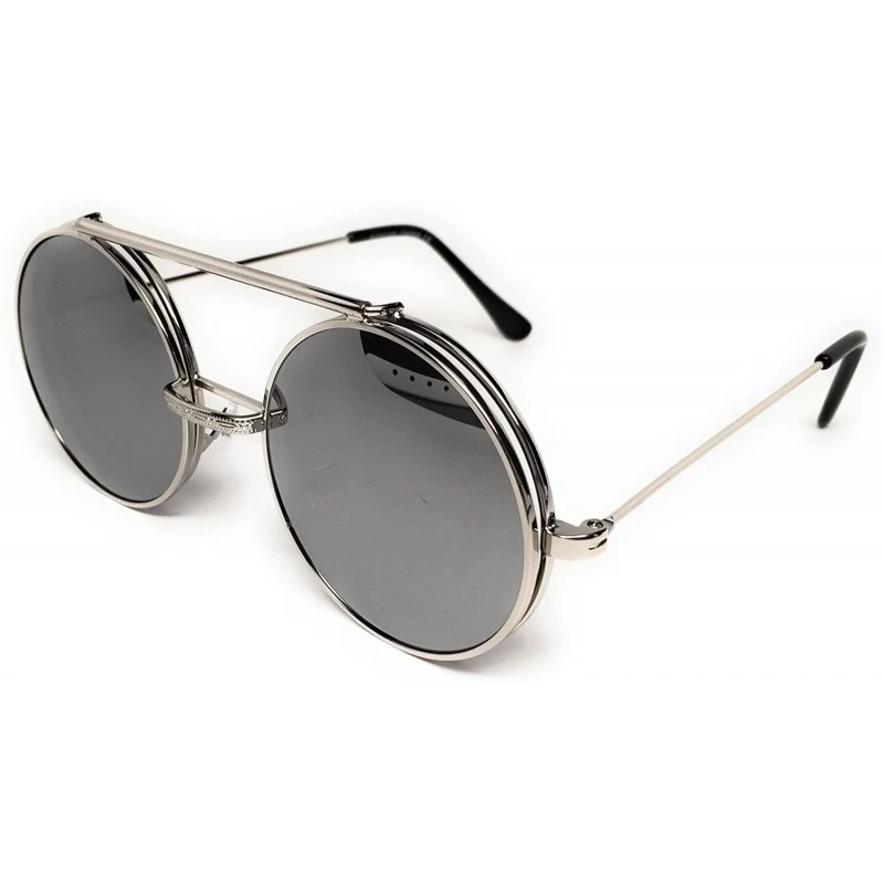 Round Flip Up Steampunk Metal Django Sunglasses - Silver- Silver Mirror - CY186X593MO $22.08