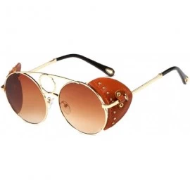 Round Women's Fashion Sunglasses Metal Round Frame Eyewear With Leather - Gold Brown - CQ18W4EQD8K $50.65