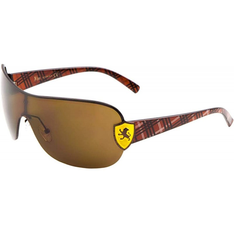 Shield 3-D Side Logo Shield Stripe Pattern Temple Curved One Piece Shield Sunglasses - Brown - CI199D45IT4 $34.97
