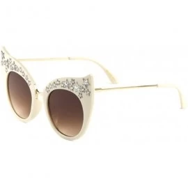 Cat Eye Rhinestone Stars Round Lens Wide Brow Cat Eye Sunglasses - Brown Cream - CG1983HUW0Y $27.20
