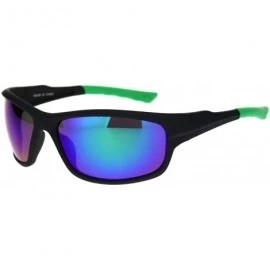 Sport Mens Classic Rectangular Warp Around Sport Plastic Sunglasses - Matte Black Green Teal Mirror - CS18R7LU9H9 $7.38