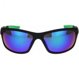 Sport Mens Classic Rectangular Warp Around Sport Plastic Sunglasses - Matte Black Green Teal Mirror - CS18R7LU9H9 $7.38