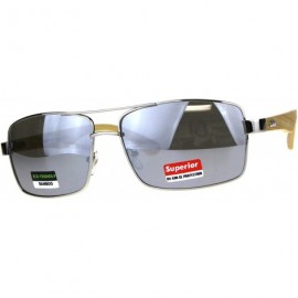 Rectangular Real Bamboo Wood Temple Sunglasses Mens Rectangular Navigator - Silver (Silver Mirror) - CT18D4K4ESK $29.33