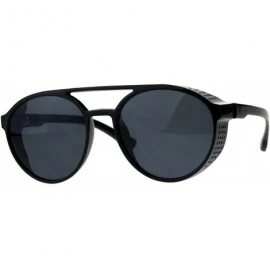 Round Mens Side Visor Plastic Cafe Racer Round Sunglasses - Shiny Black - CB18CMKR7TE $18.79