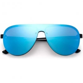 Rimless One Piece Shield Sunglasses for Men Women Flat Top Rimless Mirror Lens - Black Frame / Mirror Blue Lens - CU18RX4AXCO...