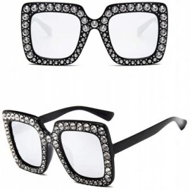 Square Crystal Studded Rim Oversized Square Sunglasses - Black Frame Silver Lens - CB18Q2OZEGM $23.33